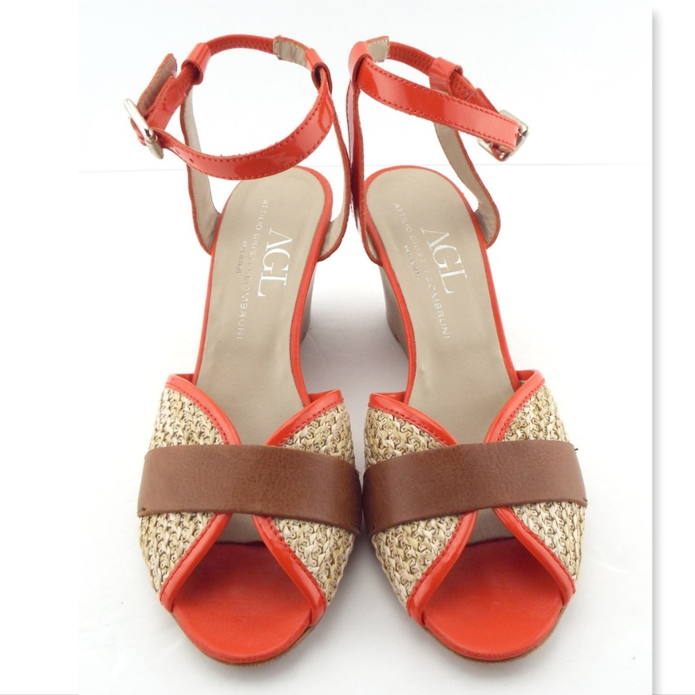 AGL ATTILIO GIUSTI LEOMBRUNI Orange Patent Leather Raffia Wedge Heel Sandals 38